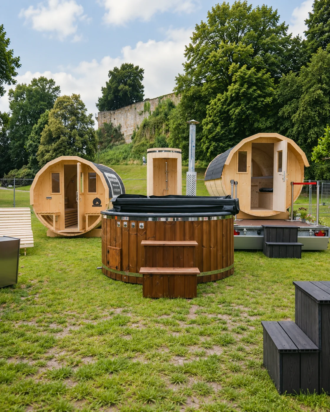 Ein runder Hot Tub und zwei Fasssaunen auf einer Rasenfläche zwischen Bäumen