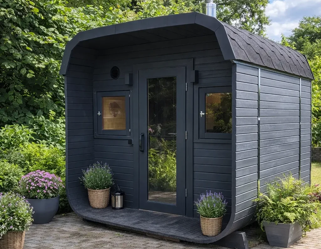 Dunkle Outdoor Sauna mit Glasfront und Vorplatz im Garten